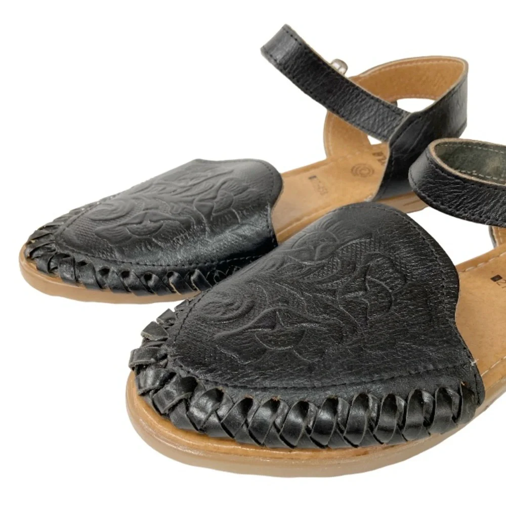 D’Lolos Mexican Black Tooled Leather Huarache Sandals Size 9 - Picture 9 of 12